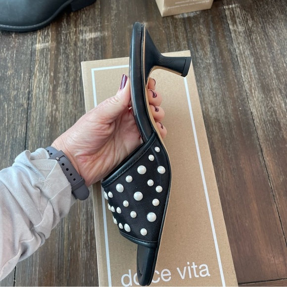 New Dolce Vita Meeza Pearl Sandals Onyx Black Mesh Women’s 8 Kitten Slide Heels - Picture 8 of 10